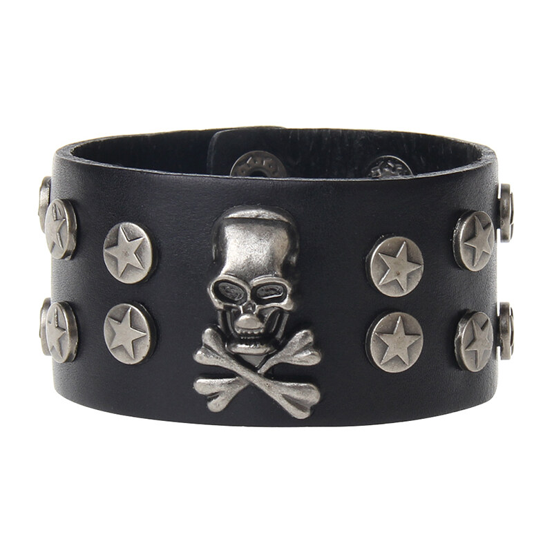 Lodestar Kožený náramok Rebel s lebkou a hviezdami Čierny 66062639