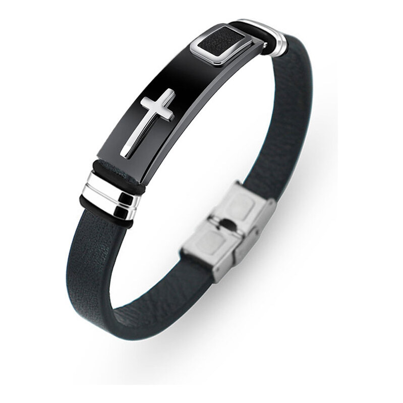 Impress Jewelry Kožený náramok Cruz s oceľovou prackou Čierny 66062692