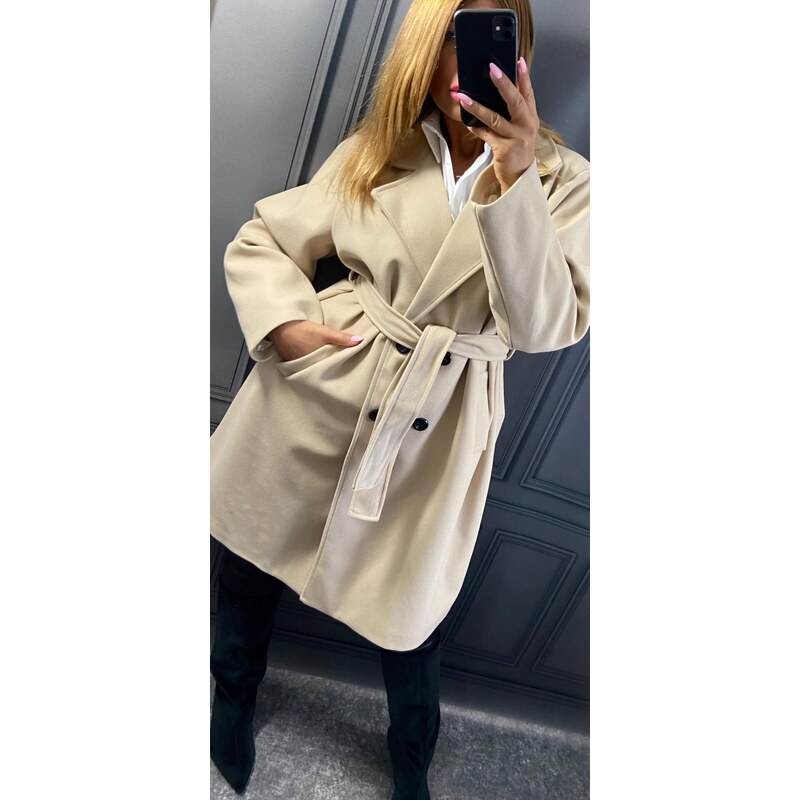 Flaušový kabát s dvojradovým zapínaním krémový 66077223