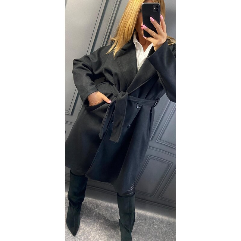 Flaušový kabát s dvojradovým zapínaním čierny 66077663