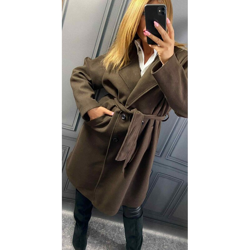 Flaušový kabát s dvojradovým zapínaním čokoládový hnedý 66077664