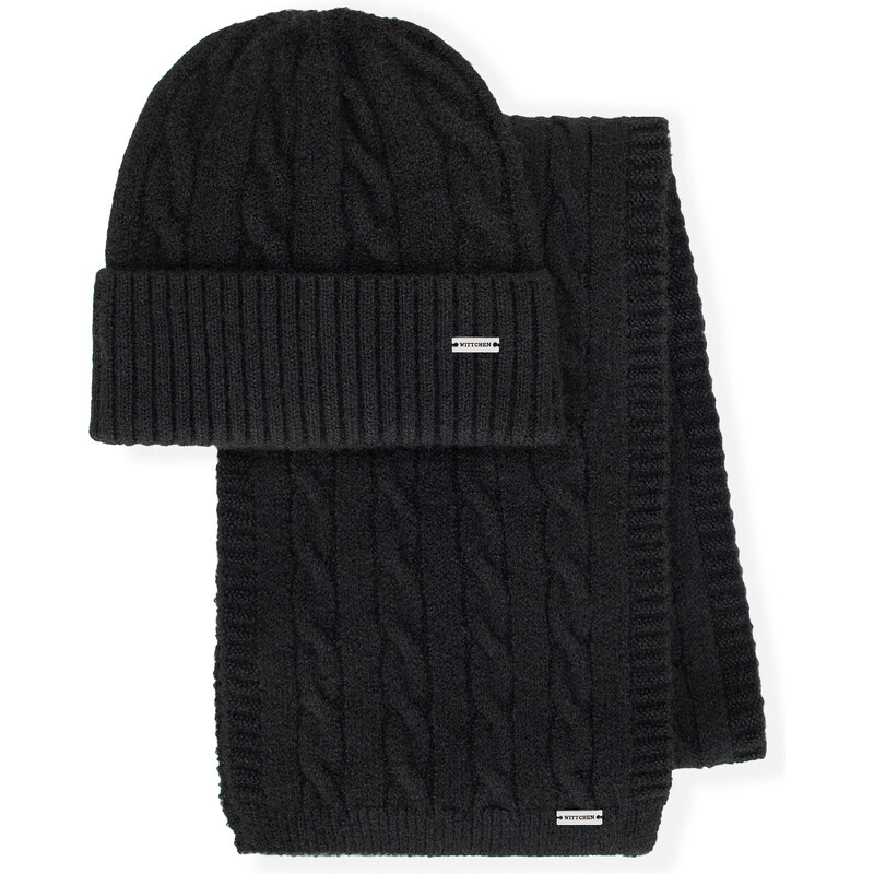 Wittchen Dámsky zimný set – čierna čiapka a šál s vrkočovým vzorom 101 66078432