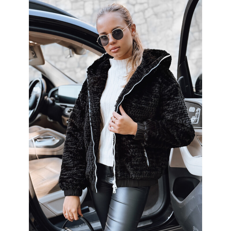 BASIC Čierna dámska kožušinová bunda s kapucňou TY5271 66090272