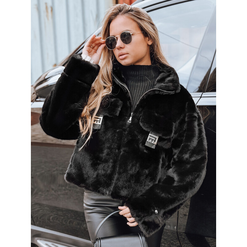 BASIC Čierny dámsky kožúšok s ozdobnými chlopňami TY5249 66090276