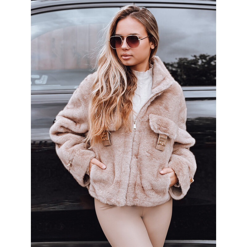 BASIC Béžový dámsky kožúšok s ozdobnými chlopňami TY5248 66090273