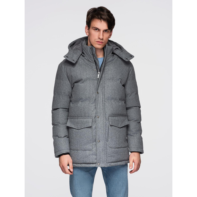 Ombre Warm long mens parka jacket with wool - grey melange 64784890