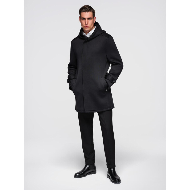 Ombre Mens minimalist medium length coat with hood - black 66195237