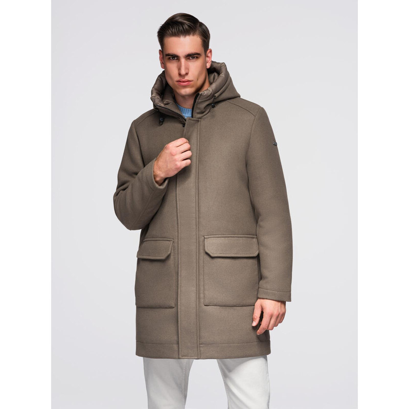 Ombre Mens parka coat with wool and hood - khaki 66134755