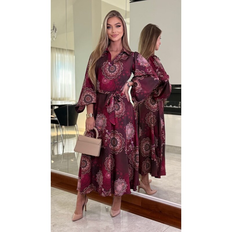 (veľ. 48) Šaty s košeľovým golierom a mandala vzormi bordové 66399067