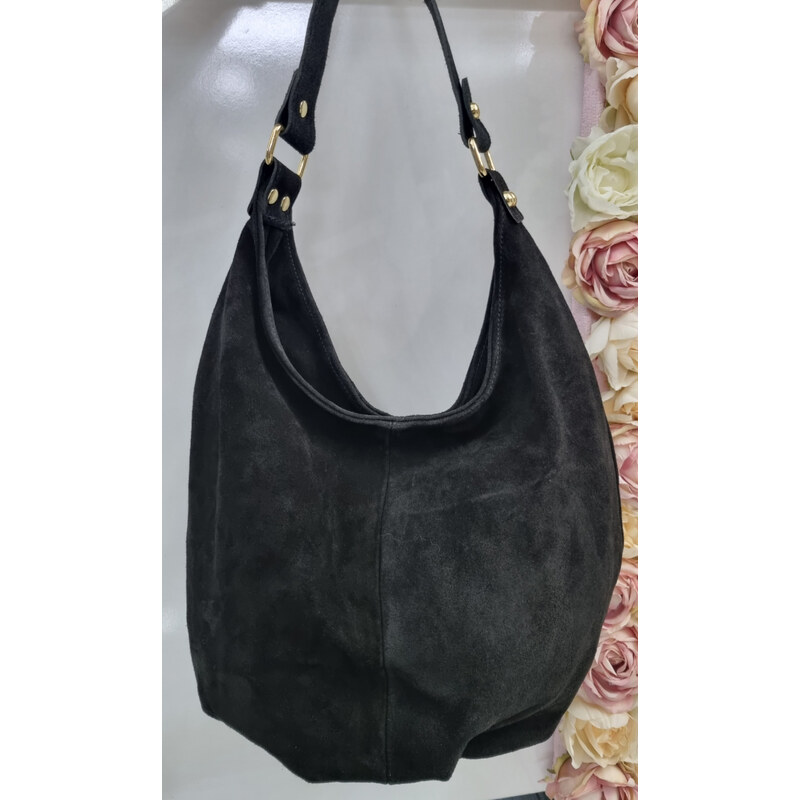 E-shop Katrins Fashion Semišová čierna kožená kabelka Italy