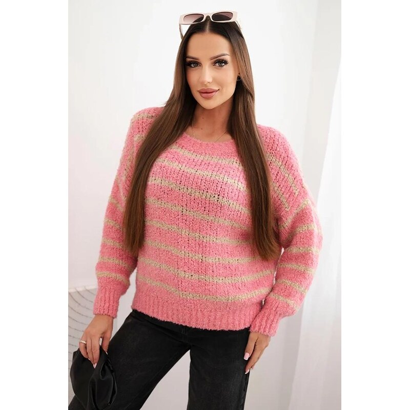 MladaModa Voľný pruhovaný sveter model IT104 ružový 65897394