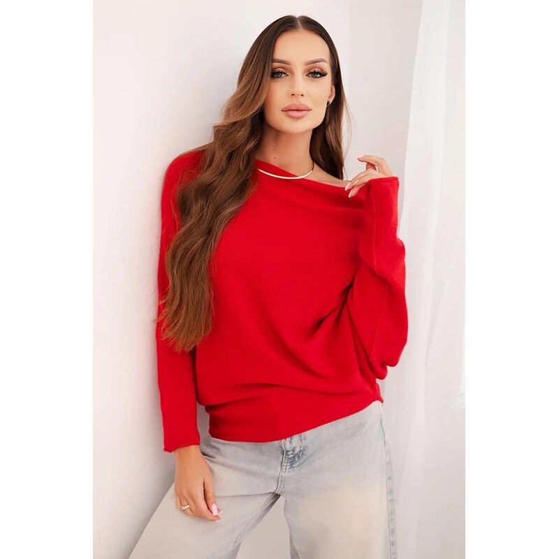 MladaModa Asymetrický sveter s netopierími rukávmi model IT95 červený 66073374