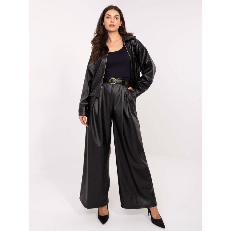 RUE PARIS Čierne dámske široké koženkové nohavice s opaskom IT-SP 66150466