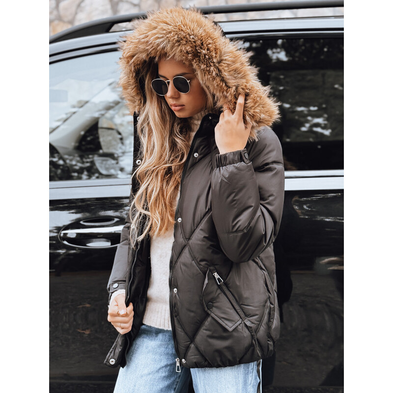 BASIC Čierna dámska prešívaná bunda s kožušinovým lemom TY5232 66135970