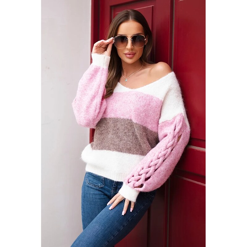 Kesi Dámsky sveter s pruhmi a vrkočmi na rukávoch 66155744