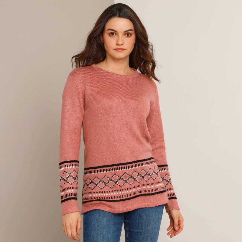 Dlhý pulóver s etno vzorom sivoružová 056 Blancheporte 66142361