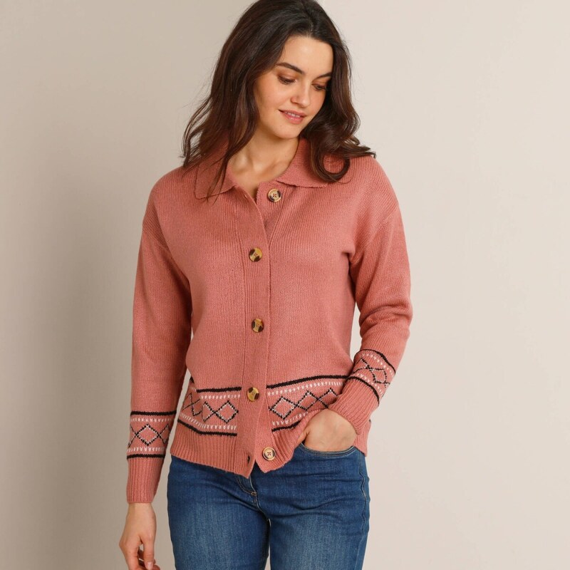 Sveter s etno vzorom a golierom sivoružová 052 Blancheporte 66142363