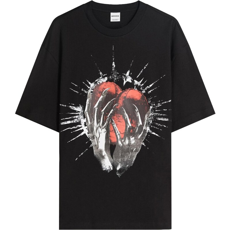 Bershka Tričko HEART antracitová / svetločervená / čierna / biela 66146673