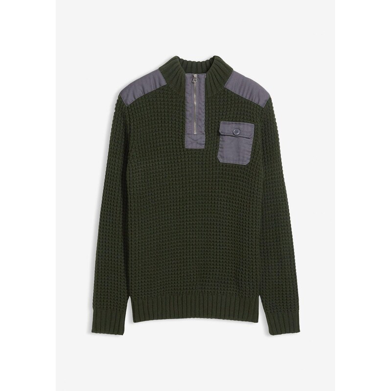 bonprix Pulóver so stojačikom, hrubé pletenie, tkaná časť, farba 66152831