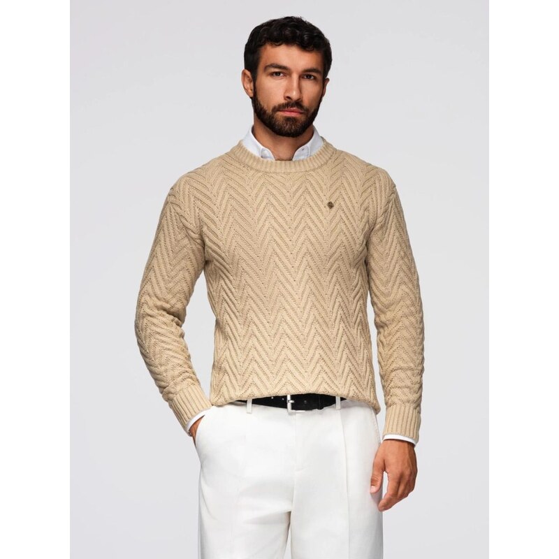 Ombre Clothing Pletený pánsky béžový sveter v elegantnom prevedení V1 66152943