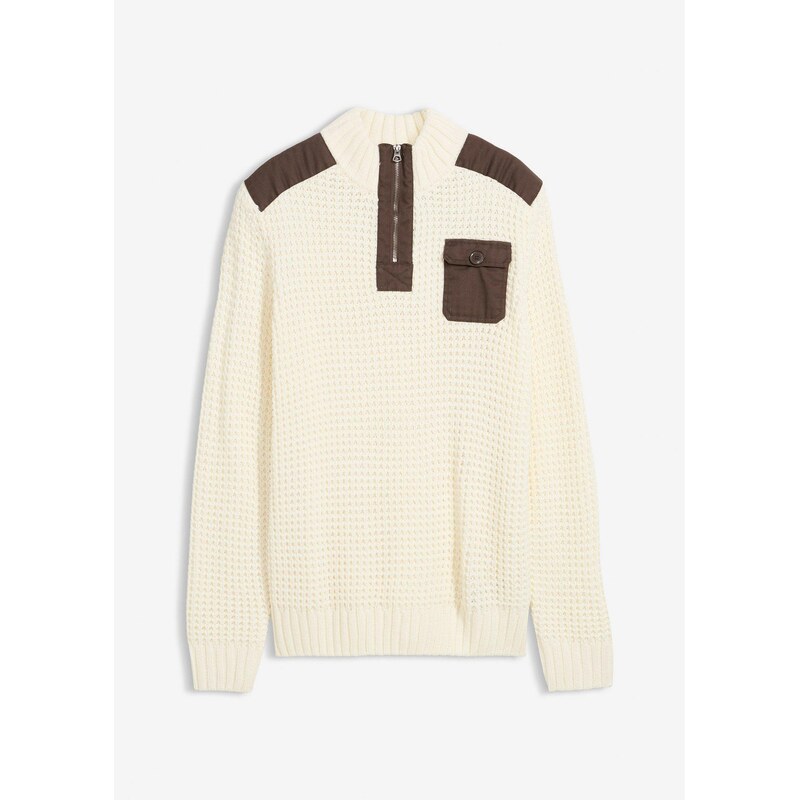 bonprix Pulóver so stojačikom, hrubé pletenie, tkaná časť, farba biela 66154381