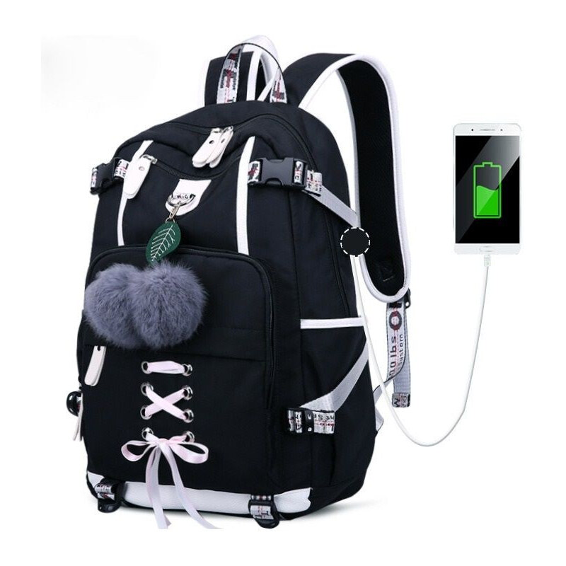 Lifestyle Dievčenský teenager školský batoh s USB Čerešničky Čierny 65227806