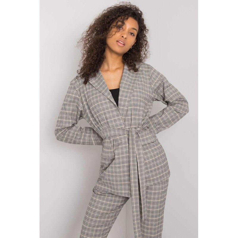 MladaModa Kárované sako Saskia s viazaním v páse model 69255 šedé 66170027