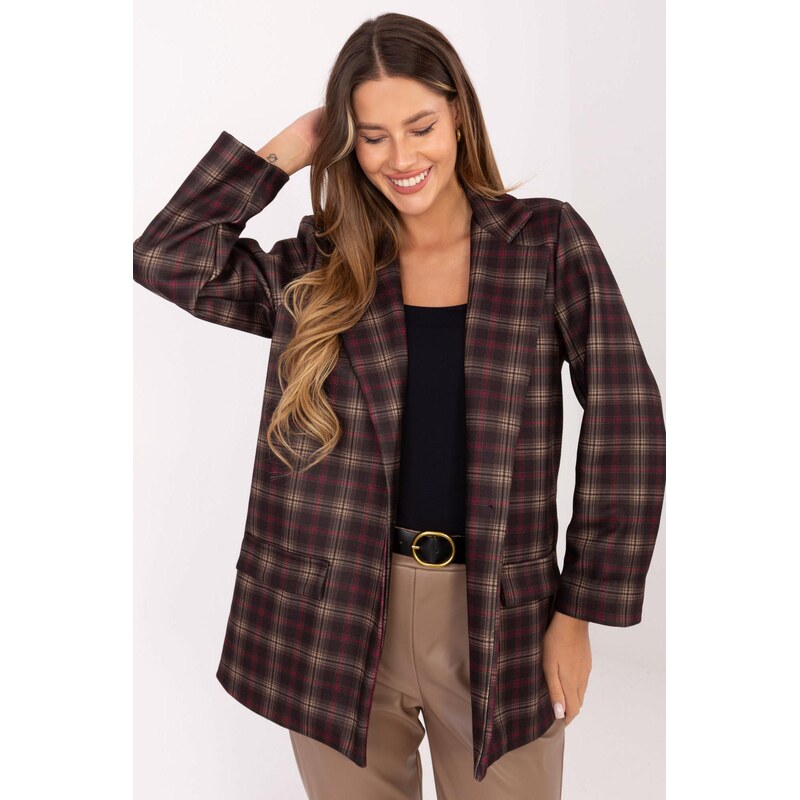 MladaModa Kárované sako so zapínaním na gombík model 73916 tmavohnedé 66170045