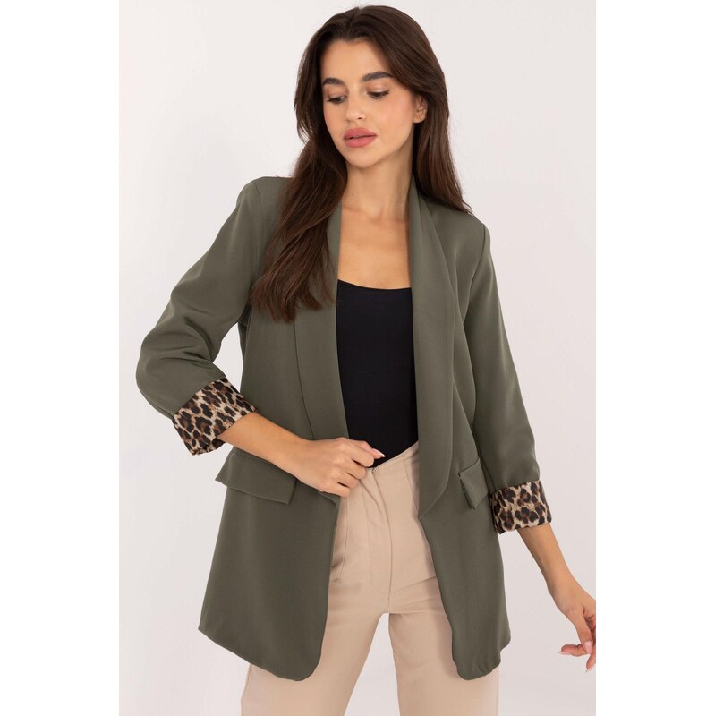 MladaModa Elegantné sako bez zapínania model 57186 farba khaki 66170082