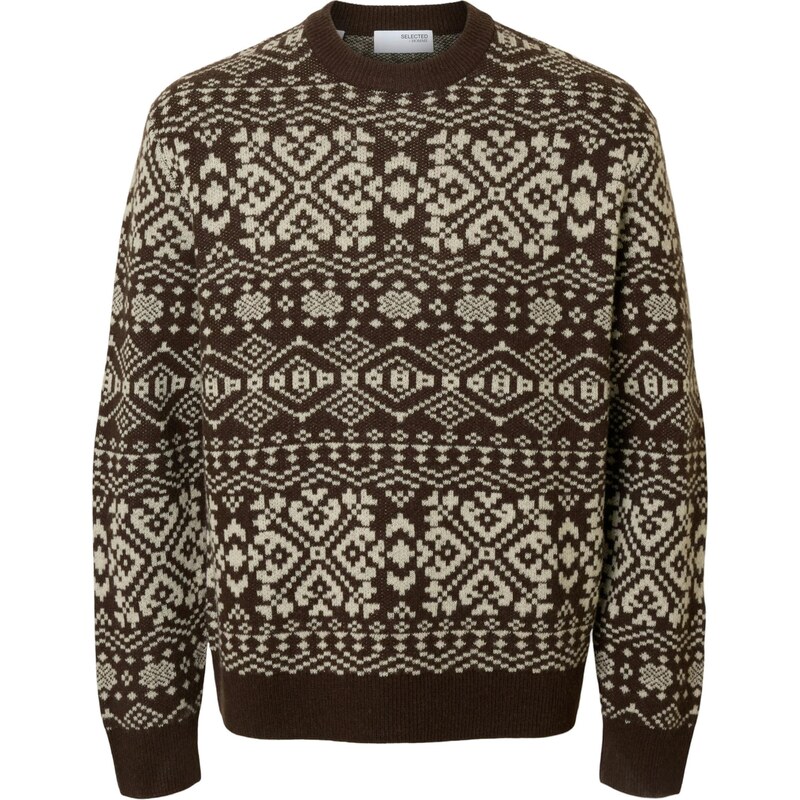 SELECTED Sveter SLHHolger tmavohnedá / prírodná biela 66171989