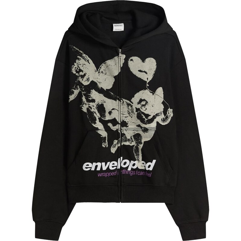 Bershka Tepláková bunda sivobéžová / fialová / čierna / biela 66173499