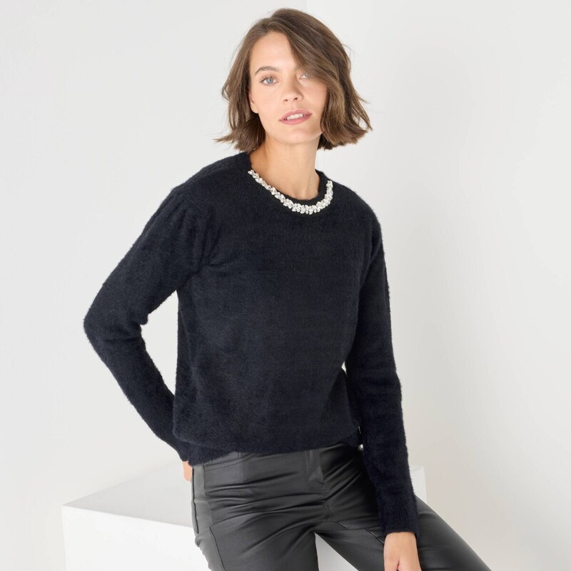 Pulóver s okrúhlym výstrihomzdobeným štrasom čierna 036 Blancheporte 66188749