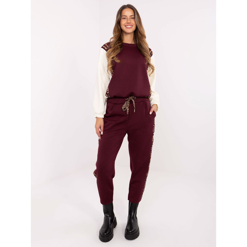 ITALY MODA Vínová dámska viskózová tepláková súprava s leopardími 66198994