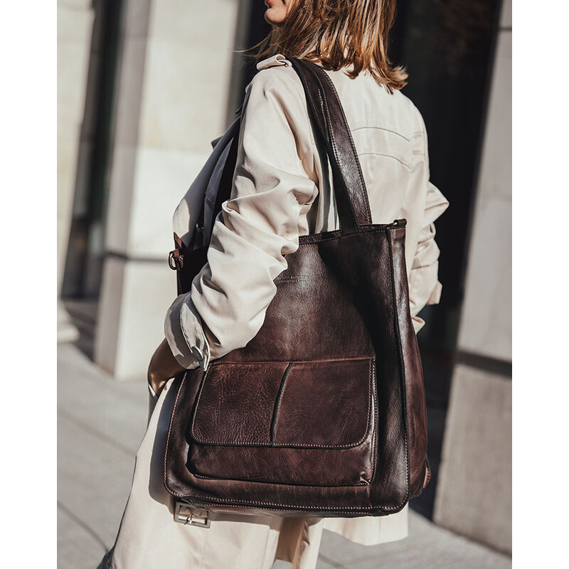 MARCO MAZZINI Tmavo hnedá dámska kožená shopper kabelka (v234c) 47996309