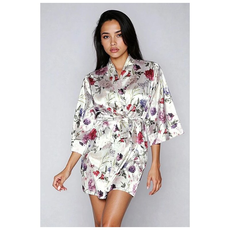 DKaren Dámsky saténový župan 90 flowers 5 biely 18692276