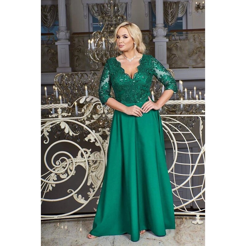 (veľ. 42/44) Šaty s čipkovaným flitrovaným vrchom a rozparkom zelené 51237969