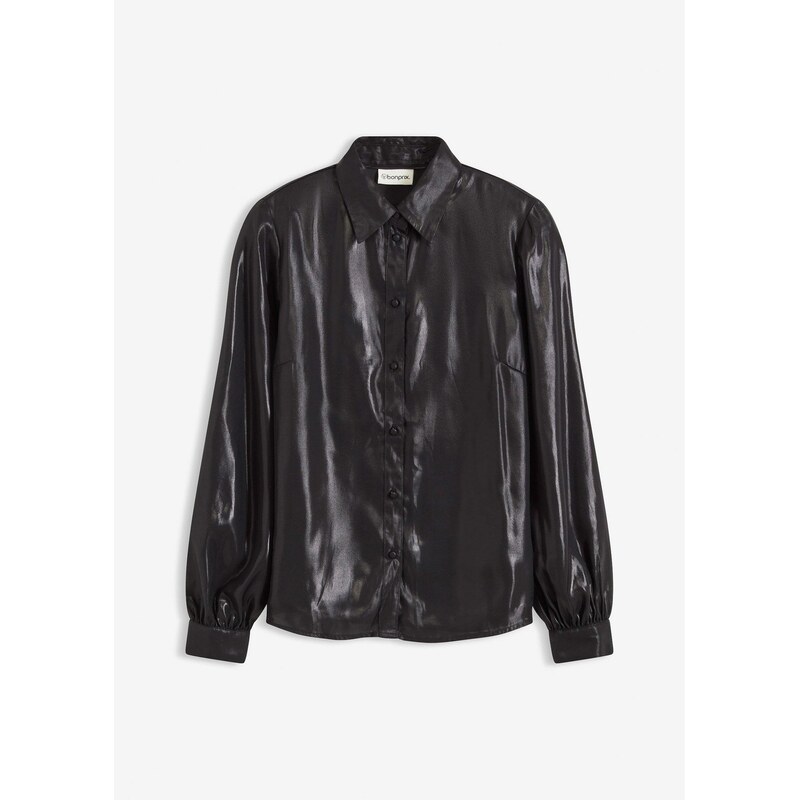 bonprix Košeľová blúzka z lesklého saténu, farba čierna 66229636