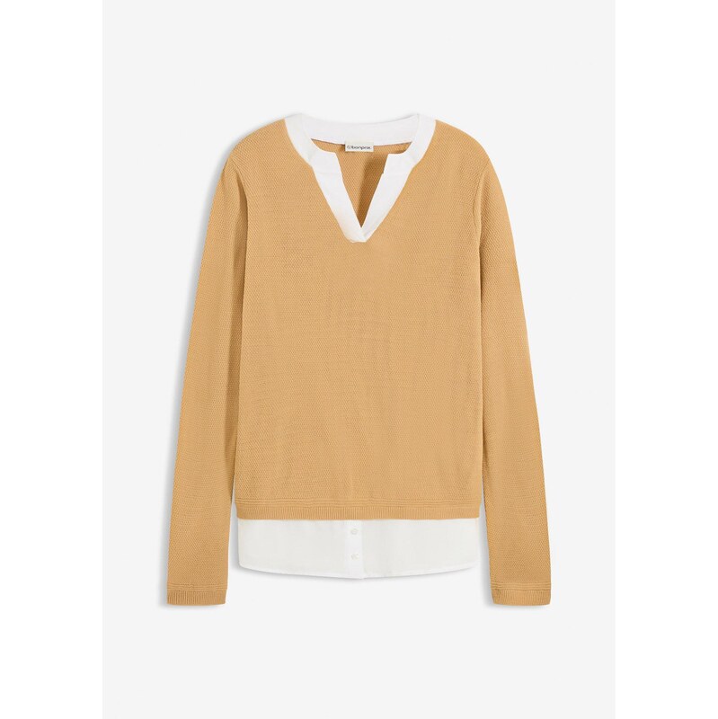 bonprix Pletený pulóver s blúzkovými prvkami, farba béžová 66229839