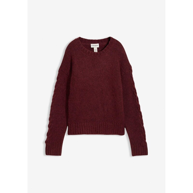 bonprix Pulóver boxy s prepletanými rukávmi, farba červená 66229858