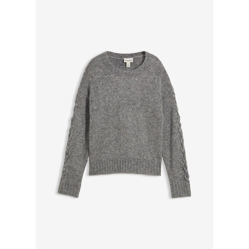bonprix Pulóver boxy s prepletanými rukávmi, farba šedá 66229857