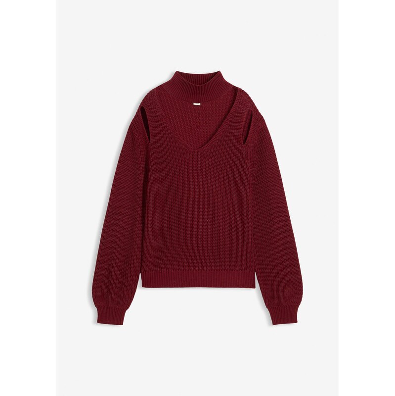 bonprix Hrubo pletený pulóver s prestrihmi, farba červená 66229860
