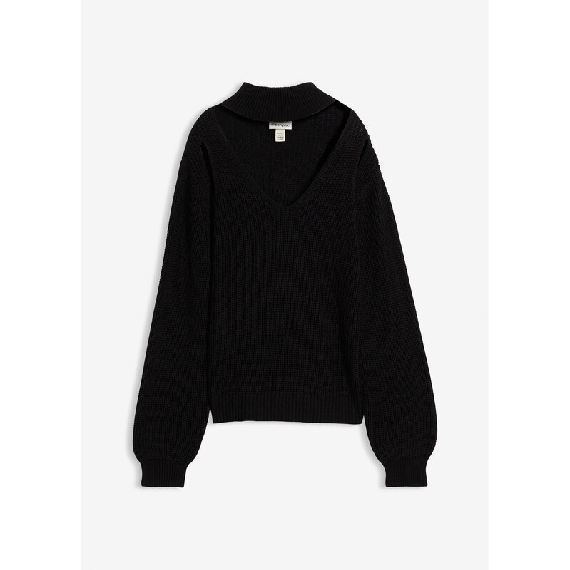 bonprix Hrubo pletený pulóver s prestrihmi, farba čierna 66229861