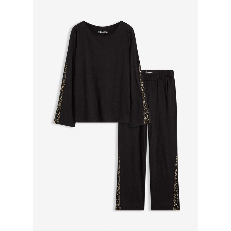 bonprix Pyžamo s jemnou lesklou čipkou, farba čierna 66229871