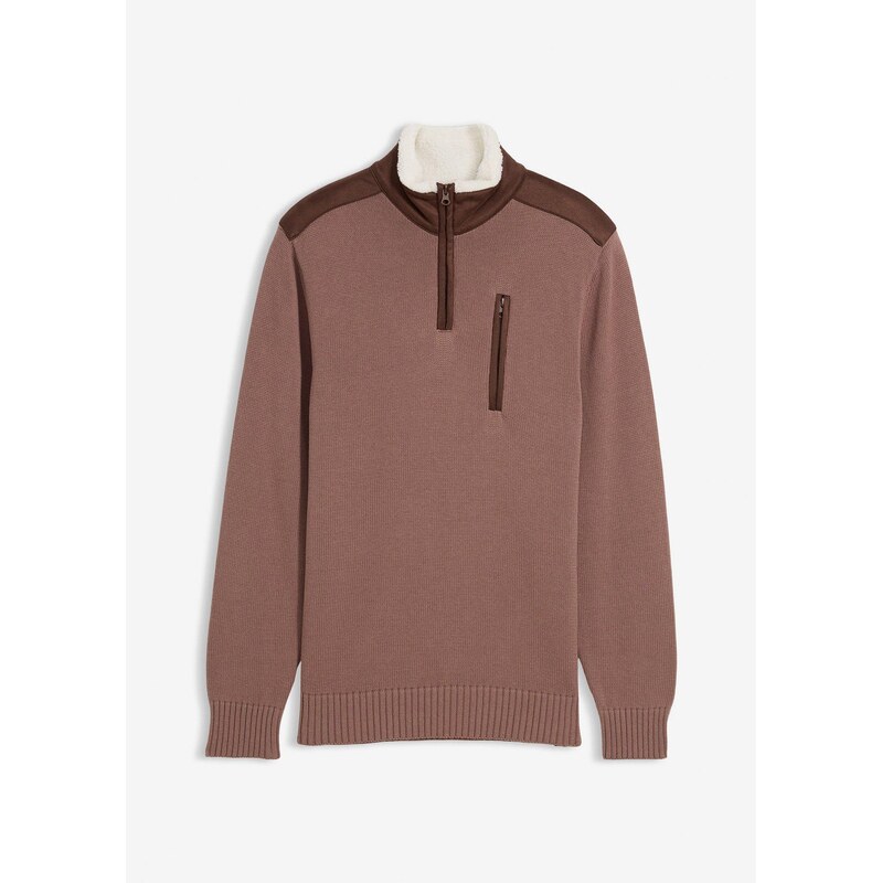 bonprix Hrubo pletený pulóver s golierom s tkanou časťou, farba hnedá 66229954