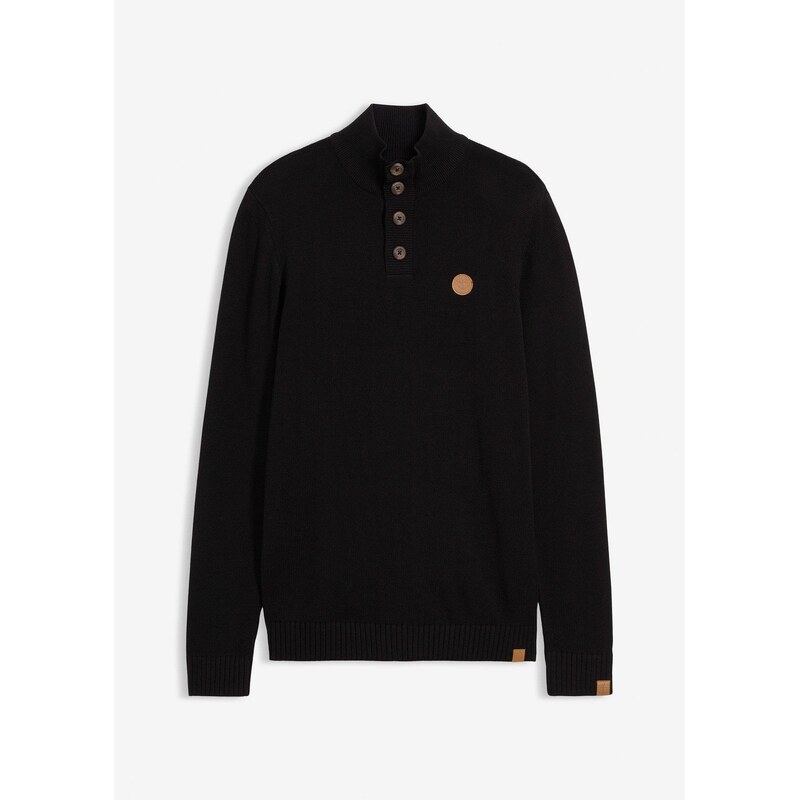 bonprix Pulóver s golierom z mäkkého bavlneného mixu, farba čierna 66229965