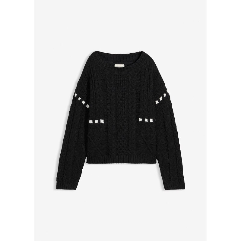 bonprix Hrubo pletený pulóver s osmičkovým vzorom, farba čierna 66229989