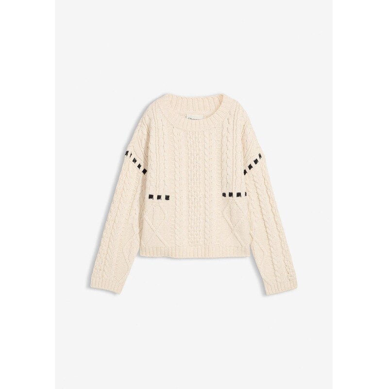 bonprix Hrubo pletený pulóver s osmičkovým vzorom, farba béžová 66229988