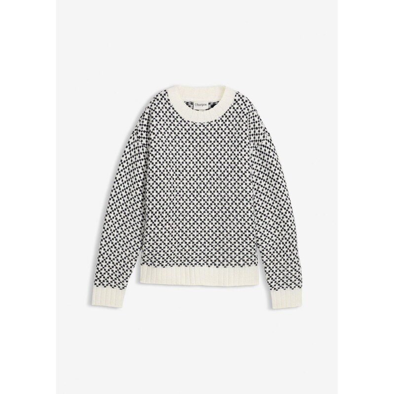 bonprix Pulóver s okrúhlym výstrihom a vlnovým podielom, farba čierna 66230171