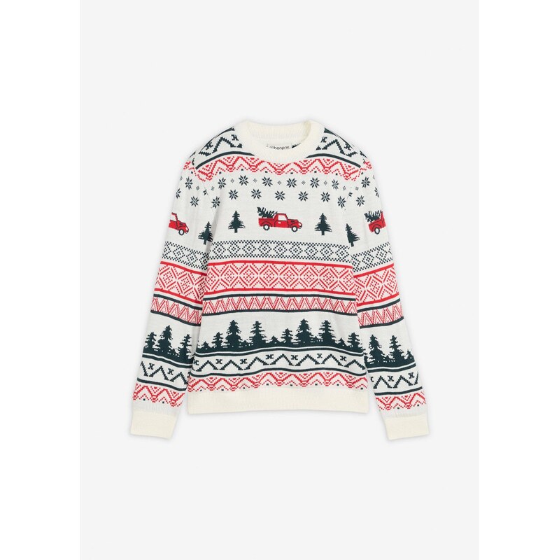 bonprix Jemne pletený pulóver s vianočným motívom, farba biela 66230263