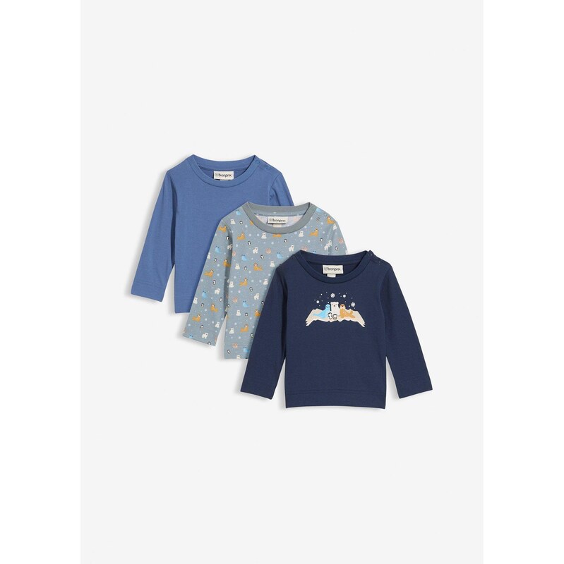 bonprix Dlhé tričko z čistej bio bavlny (3 ks), farba modrá 66230339